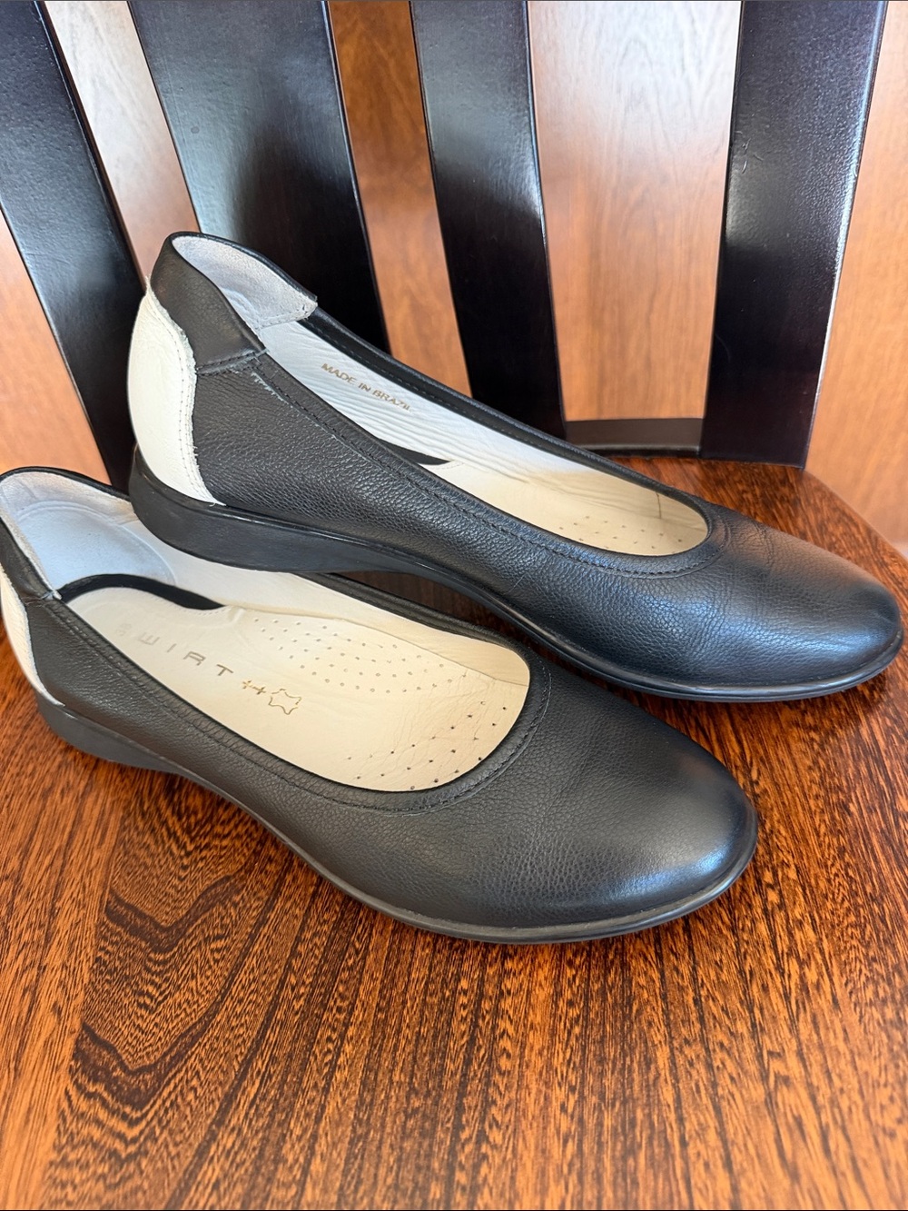 Wirth Women's Black Leather Comfort Flats with White Heel Patch